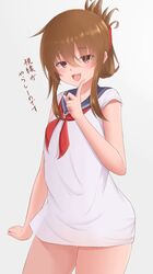  88942731ne black_sailor_collar brown_eyes brown_hair commentary_request contrapposto cowboy_shot dress female folded_ponytail highres inazuma_(kancolle) kantai_collection long_hair looking_at_viewer neckerchief red_neckerchief sailor_collar sailor_dress simple_background solo translated white_background white_dress 