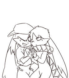  2016 bandai_namco bodily_fluids cheek_tuft closed_eyes clothed clothing crying cute_fangs digital_drawing_(artwork) digital_media_(artwork) domestic_cat duo facial_tuft felid feline felis fully_clothed hat headgear headwear king_of_sorrow klonoa klonoa_(series) long_ears male mammal monochrome one_eye_closed open_mouth tears tuft yosshi_(yo41) 