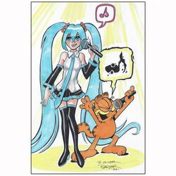  2021 absurdres black_footwear black_skirt blue_eyes blue_hair blue_necktie boots breasts collared_shirt crossover detached_sleeves english_commentary feline female garfield garfield_(character) gary_barker hatsune_miku highres holding holding_microphone jim_davis_(style) marker_(medium) medium_breasts microphone musical_note necktie shirt signing skirt speech_bubble spoken_musical_note thigh_boots thighhighs traditional_media twintails vocaloid white_shirt 