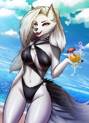  2022 5_fingers anthro beach beverage bikini black_bikini black_clothing black_nails black_nose black_swimwear breasts canid canid_demon canine cleavage clothed clothing cloud collar colored_nails day demon digital_media_(artwork) fangs female fingers fur grey_body grey_fur hair hellhound helluva_boss hi_res loona_(helluva_boss) mammal multicolored_body multicolored_fur mythological_canine mythological_creature mythology nails navel open_mouth open_smile outside red_sclera sand sea seaside signature silver_hair slimorinkaowo smile solo spiked_collar spikes standing swimwear teeth two_tone_body two_tone_fur under_boob water white_body white_eyes white_fur 