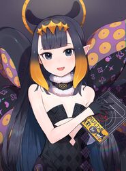  :d absurdres ao-chan_(ninomae_ina&#039;nis) bare_shoulders black_dress black_eyes black_gloves black_hair blue_hair blunt_bangs blush book commentary dark_background dress female flat_chest fur_collar gloves gradient_background gradient_hair halo heart highres holding holding_book hololive hololive_english long_hair looking_at_viewer mole mole_under_eye multicolored_hair ninomae_ina&#039;nis ninomae_ina&#039;nis_(1st_costume) open_mouth orange_hair pointy_ears shibainu sidelocks smile solo straight_hair strapless strapless_dress tentacle tentacle_hair upper_body very_long_hair virtual_youtuber 