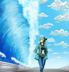  belt black_hair blue_jacket blue_pants blue_sky braid chinese_commentary city cloud collarbone commentary_request cowboy_shot double_bun female green_belt green_eyes green_hair green_lips guard_rail hair_bun hands_in_pockets highres horizon jacket jojo_no_kimyou_na_bouken kujo_jolyne looking_to_the_side midriff multicolored_hair nami_yo_kiite_kure navel open_clothes open_jacket outdoors pants parody pie_na_yidao road sky solo spider_web_print stone_ocean two-tone_hair walking water waves 