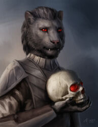  2022 anthro black_body black_fur bone clothed clothing digital_media_(artwork) felid feline fingers fur holding_skull irbeus khajiit male mammal microsoft red_eyes simple_background skull solo teeth the_elder_scrolls vampire whiskers 