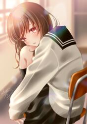  bad_id bad_pixiv_id black_sailor_collar black_skirt black_socks blurry blurry_background blush brown_hair chair commentary_request depth_of_field desk eyebrows_hidden_by_hair female highres indoors kneehighs knees_up long_hair long_sleeves looking_at_viewer looking_to_the_side on_chair original pleated_skirt red_eyes sailor_collar school_chair school_desk school_uniform serafuku sheepd shirt signature sitting skirt sleeves_past_wrists socks solo white_shirt 