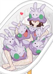  &gt;_&lt; absurdres bathtub bikini bikini_shorts blush brown_hair character_print claw_foot_bathtub female gloria_(pokemon) goomy heart highres lying o_den on_back on_head pokemon pokemon_(creature) pokemon_on_head pokemon_swsh short_hair shorts slime_(substance) smile sparkle swimsuit 