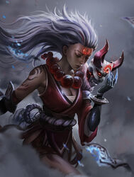  absurdres bare_shoulders blood_moon_(league_of_legends) blood_moon_diana breasts claws cleavage closed_eyes closed_mouth commentary_request derivative_work diana_(league_of_legends) facial_mark female floating_hair forehead_mark glowing glowing_eyes gradient_background grey_background haohe_buguo highres holding holding_mask japanese_clothes jewelry large_breasts league_of_legends long_hair long_sleeves mask official_alternate_costume red_eyes shoulder_tattoo solo tattoo unworn_mask 