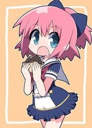  :o blue_bow blue_dress blue_eyes bow brown_background check_commentary commentary commentary_request doughnut dress drooling female food frilled_dress frills hair_between_eyes hairbow hands_up highres holding holding_food open_mouth original osaragi_mitama pink_hair ponytail sailor_collar sailor_dress saliva short_sleeves solo white_sailor_collar 