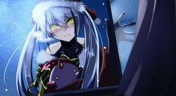  bare_shoulders blush breath closed_mouth cold destroyer_(girls&#039;_frontline) dress embarrassed female girls&#039;_frontline goliath_(girls&#039;_frontline) grey_hair hair_between_eyes hair_ornament hat highres holding long_hair looking_at_viewer non-humanoid_robot outdoors robot sangvis_ferri santa_hat snowing solo twintails window yellow_eyes yzha022 