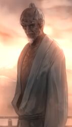  1boy arm_at_side ashina_isshin bald_spot beard closed_mouth commentary_request cowboy_shot expressionless facial_hair grey_hair highres japanese_clothes kimono long_sleeves looking_at_viewer male_focus old old_man one_eye_closed open_clothes outdoors scar scar_across_eye scar_on_face sekiro:_shadows_die_twice short_hair sky solo standing sunset very_short_hair weasel_(close-to-the-edge) white_kimono 