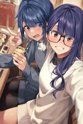  2girls aged_up alcohol arm_around_shoulder banana_oekaki black-framed_eyewear black_pantyhose black_shirt blue_hair blue_sweater blush brown_eyes chopsticks collared_shirt commentary cup eyes_visible_through_hair fangs fingernails glasses grin hair_over_shoulder highres holding holding_cup ice ice_cube indoors jewelry long_fingernails long_hair looking_at_viewer menu multiple_girls necklace oogaki_chiaki open_mouth pantyhose plate purple_eyes purple_hair restaurant selfie shima_rin shirt short_hair shrimp sidelocks sitting smile sweater towel v white_shirt white_sweater yurucamp yurucamp_movie 