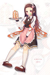  apron between_legs black_skirt black_vest blush breasts brown_footwear brown_hair collared_shirt commentary_request dango diagonal_stripes female food food_in_mouth forehead frilled_apron frilled_skirt frills full_body gradient_hair gyozanuko hair_ribbon hand_between_legs highres holding holding_tray kamado_nezuko kimetsu_no_yaiba kneehighs long_hair long_sleeves maid_headdress mary_janes mouth_hold multicolored_hair pancake pancake_stack parted_bangs pink_apron pink_ribbon red_eyes ribbon sanshoku_dango shirt shoes skirt small_breasts socks solo striped striped_background sweets_paradise tray uniform very_long_hair vest wagashi waist_apron waitress white_shirt white_socks zoom_layer 