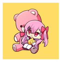  bow chibi girls&#039;_frontline hair_ribbon long_hair negev_(girls&#039;_frontline) negev_(little_drifter)_(girls&#039;_frontline) one_side_up pink_hair red_bow red_eyes ribbon sitting smile stuffed_animal stuffed_toy teddy_bear tuguoji 