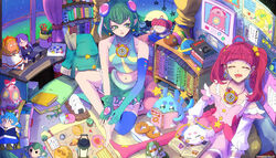  2girls a.i._(precure) absurdres ahoge amamiya_elena antennae aqua_hair aqua_skirt arisugawa_himari asymmetrical_legwear bare_legs blue_cat_(precure) blunt_bangs book bookshelf character_doll clothes commentary_request crop_top curtains dededeteiu doughnut drawer dress drooling elbow_gloves fingerless_gloves food full_moon fuwa_(precure) gloves hagoromo_lala hair_ornament heart highres hoshina_hikaru indian_style indoors kaguya_madoka kappard_(precure) kenjou_akira kirakira_precure_a_la_mode kotozume_yukari lamp loch_ness_monster long_hair long_sleeves looking_at_another messy_room midriff moon multicolored_hair multiple_girls night night_sky notray_(precure) off_shoulder onigiri open_book open_drawer open_mouth pencil pink_dress pink_hair planet pointy_ears precure prunce_(precure) reading round_teeth scissors short_hair signature single_thighhigh sitting skirt sky sleeping sleeveless spacecraft star-shaped_pupils star_(sky) star_(symbol) star_color_pen star_hair_ornament star_in_eye star_twinkle_precure starry_sky streaked_hair stuffed_toy symbol-shaped_pupils symbol_in_eye tategami_aoi teeth thighhighs translation_request trash_can tsuchinoko twintails twitter_username uma_(precure) uneven_legwear upper_teeth_only usami_ichika window yuni_(precure) 