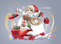  alternate_costume blonde_hair box christmas copyright_name dress feh_(fire_emblem_heroes) female fire_emblem fire_emblem_heroes fur_trim gift gift_box gloves green_eyes grey_background hat kishiro_azuhito long_hair long_sleeves merry_christmas open_mouth orb pom_pom_(clothes) red_gloves red_hat sack santa_hat sharena_(fire_emblem) simple_background solo 