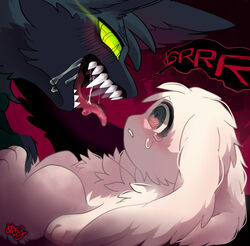  2022 3_fingers 3_toes all_fours ambiguous_gender anthro big_ears big_teeth biped black_body black_ears black_fur black_markings black_monster_(mekkyaru) blush bodily_fluids canid canine cheek_tuft colored digital_media_(artwork) drooling duo eye_contact facial_markings facial_tuft fangs feet fingers floppy_ears fluffy fluffy_chest fluffy_ears forehead_markings fox fur gaping_mouth glowing glowing_eyes green_eyes green_pupils green_sclera grey_body grey_fur growling head_markings head_tuft inochi_(mekkyaru) intimidation kemono lagomorph larger_ambiguous larger_anthro long_ears looking_at_another lop_ears lying mammal markings mekkyaru monotone_body monotone_fur multicolored_body multicolored_fur nude on_back open_mouth paws pink_eyes pink_tongue predator/prey pupils red_background ringed_eyes saliva saliva_on_tongue saliva_string scared semi-anthro shaded sharp_teeth side_view signature simple_background size_difference smaller_ambiguous smaller_anthro tears teeth toes tongue tongue_out tuft two_tone_body two_tone_fur vocalization white_body white_ears white_fur 