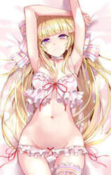  armpits arms_up bed_sheet bemani blonde_hair blunt_bangs bow bra breasts female hairbow highres kie_(yospcd) kougei_ciel_nana long_hair looking_at_viewer lying medium_breasts navel on_back panties purple_eyes sidelocks smile solo sound_voltex thigh_strap underwear white_bra white_panties 