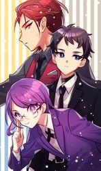  2boys adjusting_eyewear bishounen_series black_hair black_necktie black_sleeves black_suit blue_eyes doujima_mayumi earrings female formal fukuroi_mitsuru glasses hand_on_eyewear hand_up highres hii_(hii101) jewelry long_sleeves looking_at_viewer looking_away medium_hair multiple_boys necklace necktie open_mouth purple_eyes purple_hair purple_suit red_eyes red_hair red_suit reverse_trap short_hair star_(symbol) star_earrings suit yubiwa_sousaku 