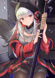  absurdres animal_ears arknights black_headwear breasts commentary_request ears_through_headwear eyelashes female fox_ears fox_girl fox_tail frostleaf_(arknights) grey_shirt headphones highres holding holding_weapon implied_extra_ears jacket looking_at_viewer medium_breasts off-shoulder_shirt off_shoulder pantyhose red_eyes red_jacket rgrey00 shirt solo tail weapon white_hair 