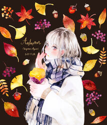  acorn artist_name autumn blush brown_background brown_hair dated eating female finger_to_mouth food from_side ginkgo_leaf holding holding_food leaf looking_at_viewer maple_leaf miya_(akatabi_dante) original painting_(medium) purple_eyes roasted_sweet_potato scarf sweet_potato traditional_media watercolor_(medium) 