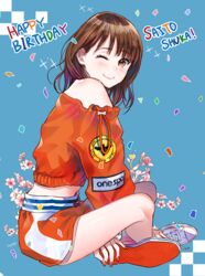  ;) artist_name between_legs blue_background blush brown_eyes brown_hair character_name clothes_writing commentary_request confetti crossed_legs drawstring female floral_background from_side hand_between_legs happy_birthday hyugo long_sleeves looking_at_viewer medium_hair nail_polish off-shoulder_shirt off_shoulder one_eye_closed orange_shirt photo-referenced real_life red_nails saitou_shuka shirt shoes short_shorts shorts sitting smile sneakers solo sparkle voice_actor 