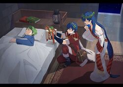  2boys bag bed bell blue_hair book boots box brother_and_sister closed_eyes closed_mouth dress earrings elice_(fire_emblem) elice_(winter)_(fire_emblem) female finger_to_mouth fingerless_gloves fire_emblem fire_emblem:_mystery_of_the_emblem fire_emblem_heroes from_side fur_trim gift gift_box gloves green_hair highres holding indoors jewelry kyufe long_hair long_sleeves marth_(fire_emblem) marth_(winter)_(fire_emblem) merric_(fire_emblem) multiple_boys night night_sky off-shoulder_dress off_shoulder on_one_knee parted_lips pillow rug short_hair short_sleeves shushing siblings sky sleeping smile tiara white_dress wreath 