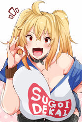  41_(taskmaster41) absurdres ahoge black_collar blonde_hair blush borrowed_character breasts collar commentary_request female haks highres huge_breasts leaning_forward long_hair looking_at_viewer meme_attire oerba_yun_fang open_mouth raglan_sleeves red_eyes romaji_text saaya_(kirome) shirt simple_background smile solo sugoi_dekai t-shirt twintails virtual_youtuber white_background 