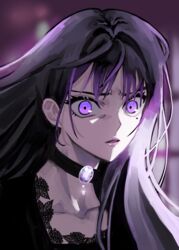  absurdres bad_id bad_pixiv_id bands black_choker black_hair blurry blurry_background choker female gem highres ing5 korean_commentary long_hair looking_at_viewer medea_solon mole mole_under_eye parted_lips portrait purple_eyes solo your_throne 