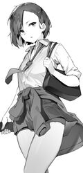  bag bob_cut cellphone closed_mouth clothes_around_waist collared_shirt earrings female greyscale highres holding holding_phone jacket jacket_around_waist jewelry kotoribako looking_at_viewer miniskirt monochrome necktie original phone pleated_skirt school_uniform shirt shoulder_bag simple_background skirt smartphone solo standing stud_earrings white_background wing_collar 