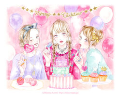  3girls artist_name balloon blue_eyes blue_nails braid brown_hair cake choker christmas commentary_request cupcake double_bun earrings food hair_bun hair_ornament hairband holding holding_food jewelry layer_cake lips looking_at_viewer looking_to_the_side miya_(akatabi_dante) multiple_girls nail_polish necklace one_eye_closed original partial_commentary pink_nails pom_pom_(clothes) pom_pom_earrings ribbon_choker single_hair_bun smile star_(symbol) star_hair_ornament sweater twin_braids web_address yellow_nails 