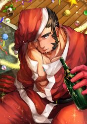  1boy abs alternate_costume bad_id bad_twitter_id bara bottle chest_hair christmas christmas_ornaments commission drunk feet_out_of_frame forked_eyebrows from_above hachimaki hat headband itaru_(kidomh63) jewelry large_pectorals long_sideburns looking_at_viewer looking_up magatama magatama_necklace male_focus mature_male muscular muscular_male mutton_chops necklace nejiri_hachimaki parted_lips partially_undressed pectoral_cleavage pectorals santa_costume santa_hat short_hair sideburns sitting skeb_commission solo sparkle tajikarao_(housamo) textless_version tokyo_afterschool_summoners tusks wine_bottle 