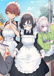  1boy 3girls akizuki_kei alternate_costume anger_vein apron bag_of_chips black_dress black_hair blue_eyes blue_sky blush bottle breasts brown_hair cleavage cloud commentary dark-skinned_female dark_skin day double_bun dress enmaided frilled_apron frills fuwa_akira green_kimono grey_hair grin hair_between_eyes hair_bun hair_ornament hairclip hand_up has_bad_revision has_cropped_revision itou_chieri japanese_clothes juliet_sleeves kimono large_breasts long_sleeves maid maid_apron maid_headdress md5_mismatch mixed_maids multiple_girls munakata_isaomi one_eye_closed original out_of_frame outdoors pinching_sleeves pleated_dress puffy_sleeves purple_eyes resolution_mismatch short_hair sky sleeves_past_wrists smile source_smaller tokuno_yuika translated trembling wa_maid white_apron wide_sleeves yellow_eyes 