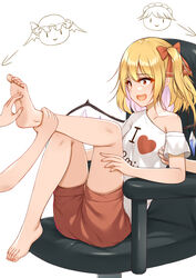  3girls :&gt; :d arrow_(projectile) bare_legs barefoot blonde_hair casual chair clothes_writing collarbone commentary constricted_pupils feet flan_(seeyouflan) flandre_scarlet foot_focus hair_between_eyes hair_ribbon highres i_heart... izayoi_sakuya legs medium_hair multiple_girls off_shoulder office_chair one_side_up open_mouth orange_shorts out_of_frame red_eyes red_ribbon remilia_scarlet ribbon shirt short_sleeves shorts simple_background single_bare_shoulder sitting smile soles solo_focus swivel_chair tickling tickling_feet toes touhou white_background white_shirt wings |_| 