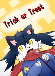  2015 bandai_namco black_body black_fur black_nose blue_clothing blue_shirt blue_topwear blush blush_lines clothing cute_fangs digital_media_(artwork) dipstick_ears domestic_cat ear_markings felid feline felis fur hand_on_chest inner_ear_fluff kemono klonoa klonoa_(series) looking_up male mammal multicolored_body multicolored_ears multicolored_fur no_pupils open_mouth pac-man pac-man_(series) red_inner_ear red_scarf red_text scarf shirt simple_background solo text topwear tuft two_tone_body two_tone_face two_tone_fur white_body white_fur white_hands white_inner_ear_fluff yellow_background yellow_eyes yosshi_(yo41) 