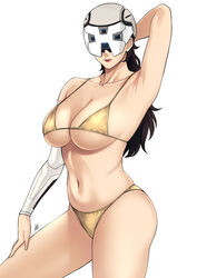  arm_up armpits bikini black_hair breasts cleavage collarbone female gold_bikini gundam gundam_suisei_no_majo helmet highres large_breasts long_hair mask mature_female mechanical_arms navel prospera_mercury red_lips signature simple_background single_mechanical_arm solo stomach swimsuit thighs underboob wavy_hair white_background xter 