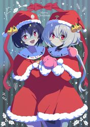  2girls :d arm_around_shoulder black_hair blue_eyes blue_skin capelet christmas closed_mouth colored_skin commentary cowboy_shot dress english_text fur-trimmed_capelet fur_trim grey_hair hat hat_bell highres holly konno_junko light_blush long_hair looking_at_viewer merry_christmas mittens mizuno_ai multiple_girls open_mouth own_hands_together patchwork_skin pink_mittens purple_eyes red_capelet red_eyes red_headwear santa_dress santa_hat short_dress short_hair side-by-side smile somasoutaro standing star_(symbol) stitched_face stitches striped striped_background vertical_stripes zombie zombie_land_saga 