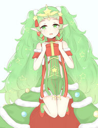  box braid chirun0 christmas_ornaments commentary english_commentary female fire_emblem fire_emblem:_three_houses fire_emblem_heroes fur_trim gift gift_box green_eyes green_hair hair_ornament hair_ribbon highres holding long_hair open_mouth pointy_ears ribbon ribbon_braid side_braid solo sothis_(fire_emblem) sothis_(winter)_(fire_emblem) tiara twin_braids 