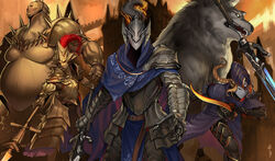  3boys animal armor artorias_the_abysswalker belt blonde_hair blue_capelet braid breastplate capelet castle cowboy_shot dark_souls_(series) dark_souls_i dragon_slayer_ornstein english_commentary executioner_smough faceless faceless_male facing_viewer fangs faulds female fighting_stance full_armor gauntlets gold_armor great_grey_wolf_sif greatsword greaves helmet highres holding holding_polearm holding_sword holding_weapon hood hood_up knight less long_hair looking_away lord&#039;s_blade_ciaran mask mouth_hold multiple_boys outdoors pauldrons plume polearm reaching reaching_towards_viewer short_sword shoulder_armor signature single_braid single_pauldron spear standing sword teeth weapon wolf yellow_eyes 