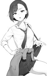  bag bob_cut clothes_around_waist earrings female frown greyscale hand_on_own_hip jacket jacket_around_waist jewelry knee_up kotoribako long_sleeves looking_at_viewer miniskirt monochrome necktie original parted_lips pleated_skirt school_uniform shirt short_hair shoulder_bag simple_background skirt solo stud_earrings white_background 