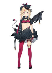  asymmetrical_legwear asymmetrical_sleeves black_footwear black_hat blonde_hair bow breasts cleavage cleavage_cutout closed_mouth clothing_cutout demon_tail female full_body hair_ribbon hat heart_cutout high_heels highres indie_virtual_youtuber kotoribako kuroma_mihana looking_at_viewer multicolored_hair official_alternate_costume red_eyes red_thighhighs ribbon shoes shrug_(clothing) single_wing small_breasts smile solo standing streaked_hair tachi-e tail tail_bow tail_ornament thighhighs top_hat twintails underboob virtual_youtuber wings 