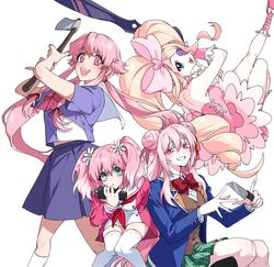  4girls axe bare_back blonde_hair blue_eyes blue_jacket blue_skirt bow double_bun dress drill_hair eyepatch feet_out_of_frame floating flower full_body gasai_yuno green_eyes green_skirt hair_bun hair_flower hair_ornament hair_ribbon hairbow happy_sugar_life harime_nui highres hiiragi_nana holding holding_axe holding_knife holding_pacifier holding_weapon huge_bow jacket kill_la_kill kneehighs knife long_hair matsuzaka_satou mirai_nikki multiple_girls munou_na_nana neckerchief open_clothes open_jacket open_mouth pacifier pink_bow pink_dress pink_eyes pink_hair pitteoggamja_(cyocyo_1234) plaid plaid_bow plaid_skirt pleated_skirt red_neckerchief red_ribbon ribbon sailor_collar school_uniform scissor_blade_(kill_la_kill) sidelocks simple_background sitting skirt smile socks standing strapless strapless_dress thighhighs twin_drills twintails weapon white_background white_sailor_collar white_socks white_thighhighs 