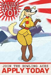  aircraft airplane anthro avioylin big_breasts breasts camel_toe canid canine canis clothing cuphead_(game) domestic_dog english_text female hi_res hunting_dog japanese looking_at_viewer mammal military_uniform pinup pose poster poster_template red_sun retro rising_sun saluki sgt._o&#039;fera_(cuphead) sighthound solo text thick_thighs uniform vehicle 