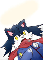  2015 bandai_namco black_body black_fur black_nose blue_clothing blue_shirt blue_topwear blush blush_lines clothing cute_fangs dipstick_ears domestic_cat ear_markings felid feline felis fur hand_on_chest inner_ear_fluff kemono klonoa klonoa_(series) looking_up male mammal multicolored_body multicolored_ears multicolored_fur no_pupils open_mouth pac-man pac-man_(series) red_inner_ear red_scarf scarf shirt solo text topwear tuft two_tone_body two_tone_face two_tone_fur white_body white_fur white_hands white_inner_ear_fluff yellow_eyes yosshi_(yo41) 