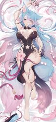  absurdly_long_hair absurdres animal_ear_fluff animal_ears arm_up bare_shoulders barefoot black_dress blue_eyes blue_hair breasts cleavage commission dakimakura_(medium) dress female fingernails flower fluffy_hair full_body gradient_hair grin halter_dress halterneck highres large_breasts large_tail long_fingernails long_hair looking_at_viewer lying multicolored_hair multicolored_tail on_back pink_hair sandals silvervale silvervale_(sakura_goddess) smile solo symbol-shaped_pupils tail thighs unworn_sandals very_long_hair virtual_youtuber vshojo wolf_ears wolf_girl wolf_tail yoclesh 