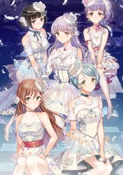  5girls alternate_hairstyle aqua_hair bang_dream! black_hair black_neckwear blue_flower blue_rose bow bracelet brooch brown_eyes brown_hair choker commentary detached_sleeves dress earrings english_commentary feathers flower gloves green_eyes grey_choker grey_eyes grey_hair hair_bun hair_flower hair_ornament hair_up hand_on_own_chest hands_on_own_knee head_chain high_heels hikawa_sayo imai_lisa jewelry lace long_hair looking_at_viewer minato_yukina multiple_girls neck_ribbon necklace pearl_bracelet pearl_necklace piano_print pink_bow pink_choker pink_flower pink_ribbon pink_rose purple_eyes purple_flower purple_hair purple_rose red_eyes red_ribbon ribbon ribbon_choker rose roselia_(bang_dream!) sash see-through see-through_sleeves shirokane_rinko shoulder_ribbon side_ponytail single_hair_bun sitting sleeveless smile sparkle stairs tiny_(tini3030) udagawa_ako white_dress white_feathers white_flower white_footwear white_gloves white_legwear white_rose 