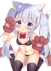  :o animal_ear_fluff animal_ears animal_hands ass_visible_through_thighs bare_shoulders black_bra black_panties black_thighhighs blue_eyes blue_hair blush boots bow bow_bra bowtie bra breasts brown_footwear brown_gloves cat_ears cat_girl cat_tail collar commentary_request detached_collar female fur-trimmed_boots fur-trimmed_gloves fur_trim gloves gochuumon_wa_usagi_desu_ka? hair_between_eyes hair_ornament hands_up kafuu_chino kemonomimi_mode long_hair looking_at_viewer navel panties parted_lips paw_gloves photoshop_(medium) red_bow red_bowtie rikatan sidelocks sitting small_breasts solo tail thighhighs twintails underwear very_long_hair wariza white_collar x_hair_ornament 