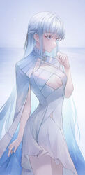  absurdres aurora_(grimlight) blue_theme braid breasts cleavage commentary crescent crystalherb dress female grey_eyes grimlight hair_ribbon hand_up highres light_particles long_hair outdoors ribbon small_breasts smile solo standing symbol-only_commentary very_long_hair white_dress white_hair 