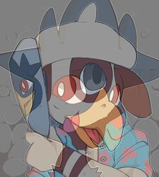  animated avian beak clothing digital_media_(artwork) fan_character generation_2_pokemon hi_res mask murkrow nintendo o-ishi pokemon pokemon_(species) short_playtime smeargle tongue tongue_out tracy_(linker) 