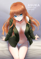  absurdres black_choker blue_eyes breasts breasts_apart character_name choker closed_mouth eva_16-gouki evangelion:_3.0+1.0_thrice_upon_a_time female green_jacket grey_background highres jacket long_hair long_sleeves looking_at_viewer medium_breasts navel neon_genesis_evangelion no_bra open_clothes open_jacket orange_hair panties rebuild_of_evangelion single_bare_shoulder smile solo souryuu_asuka_langley underwear white_panties 