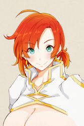  41_(taskmaster41) absurdres aqua_eyes blush boudica_(fate) breasts cleavage closed_mouth commentary_request earrings fate/grand_order fate_(series) female highres jewelry juliet_sleeves large_breasts long_sleeves looking_at_viewer puffy_sleeves red_hair short_hair short_ponytail shrug_(clothing) smile solo 