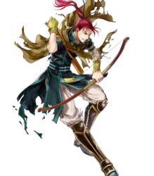  1boy arrow_(projectile) belt boots bow_(weapon) cape fire_emblem fire_emblem:_path_of_radiance fire_emblem_heroes full_body green_eyes highres long_hair male_focus non-web_source official_art ponytail quiver red_hair shinon_(fire_emblem) solo teeth torn_clothes transparent_background wada_sachiko weapon 